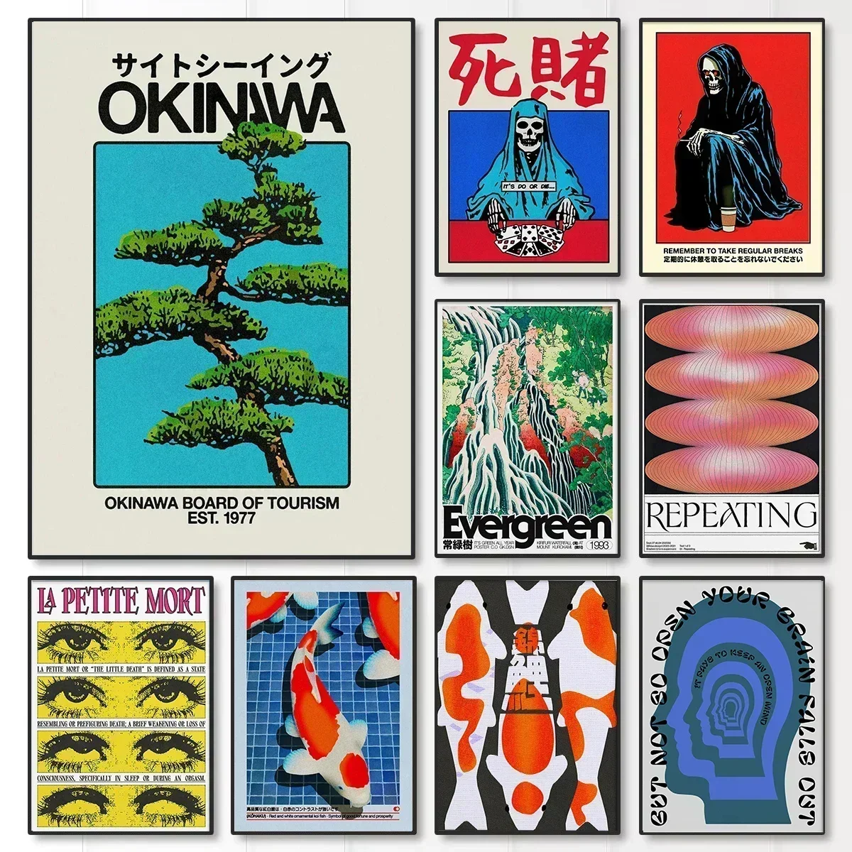 Póster Vintage japonés Okinawa de viaje, lienzo abstracto de buena suerte, animales Koi, impresiones artísticas de pared para decoración moderna del hogar