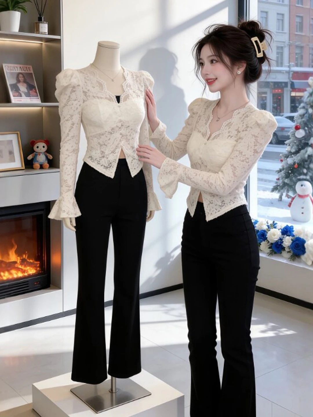 

e Sle ort Fit Lace irt Unique Beautiful Long Sve Spring 2026 Women's Korean Faion Casual Wear