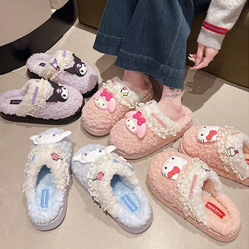 2024 Cotton Slippers Cartoon Melody Hello Kitty Kuromi Cotton Slippers New Women's Winter Warm Cotton Non slip Slippers