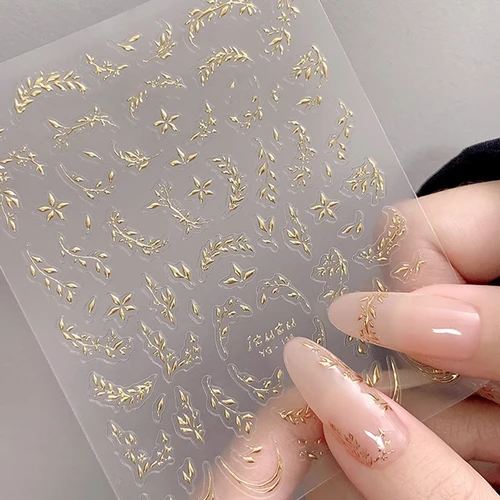 Imagen 1 del producto Pegatina 3D para uñas con ramas de hojas doradas, adorno de flores plateadas, hojas de arce, planta de Ginkgo, transferencia Floral, calcomanía deslizante para manicura