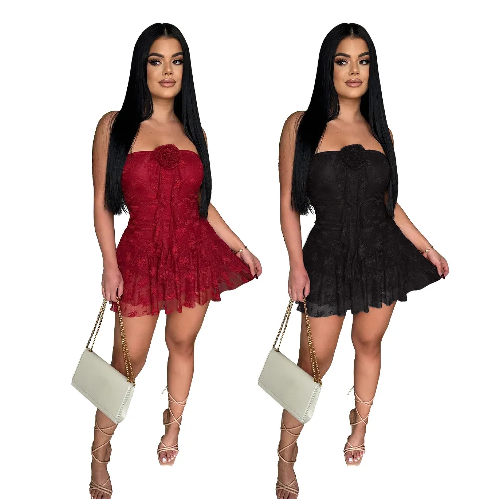 

EINY Fashion Strapless Lace See Through Sleeveless Ruffles Playsuits Dress Women Short Jumpsuit Sexy Birthday One Piece Romper