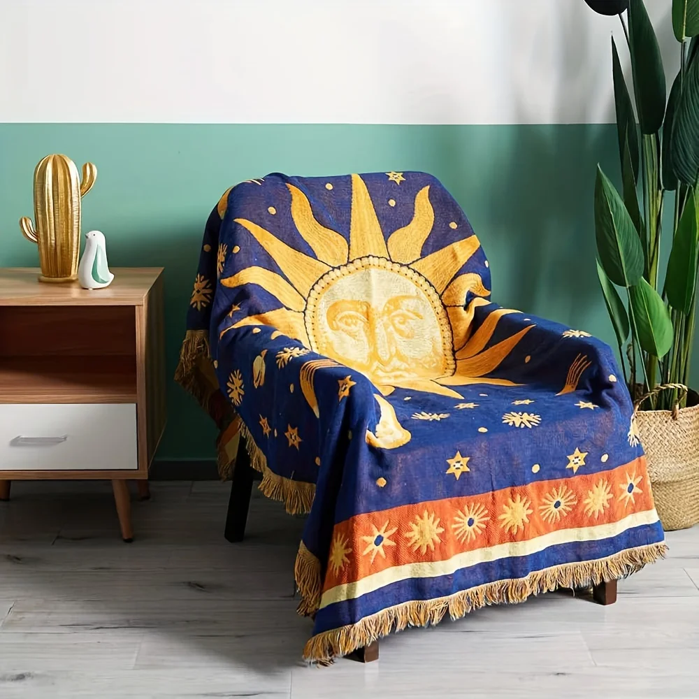 Sun Moon Pattern Double Sided Throw Blanket Aesthetic Decor Sofa Couch Bed Room Home Room Decoration Home Travel Essentials