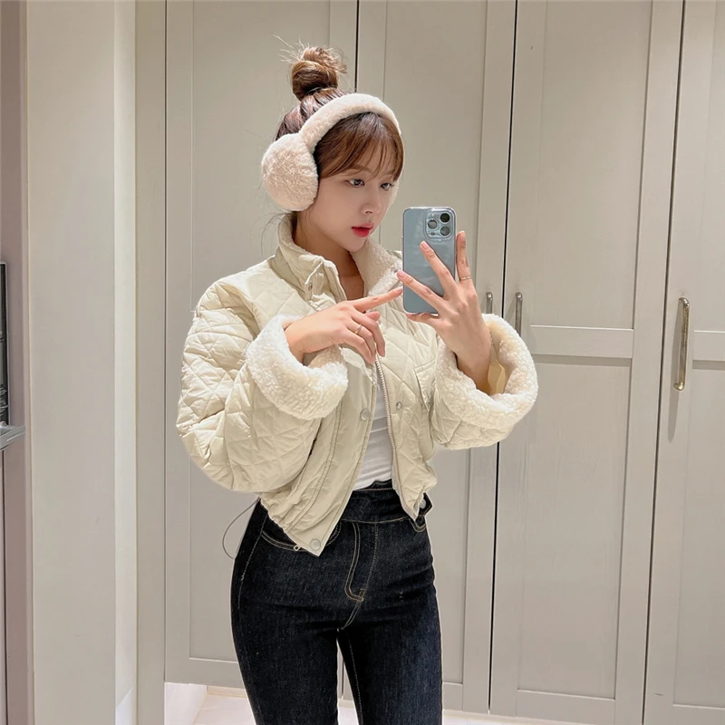 Korean Style Short Lamb Velvet Splice Cotton Jacket Women's Stand Collar Loose Slimming Thickened Warm Diamond Pattern Jacket...