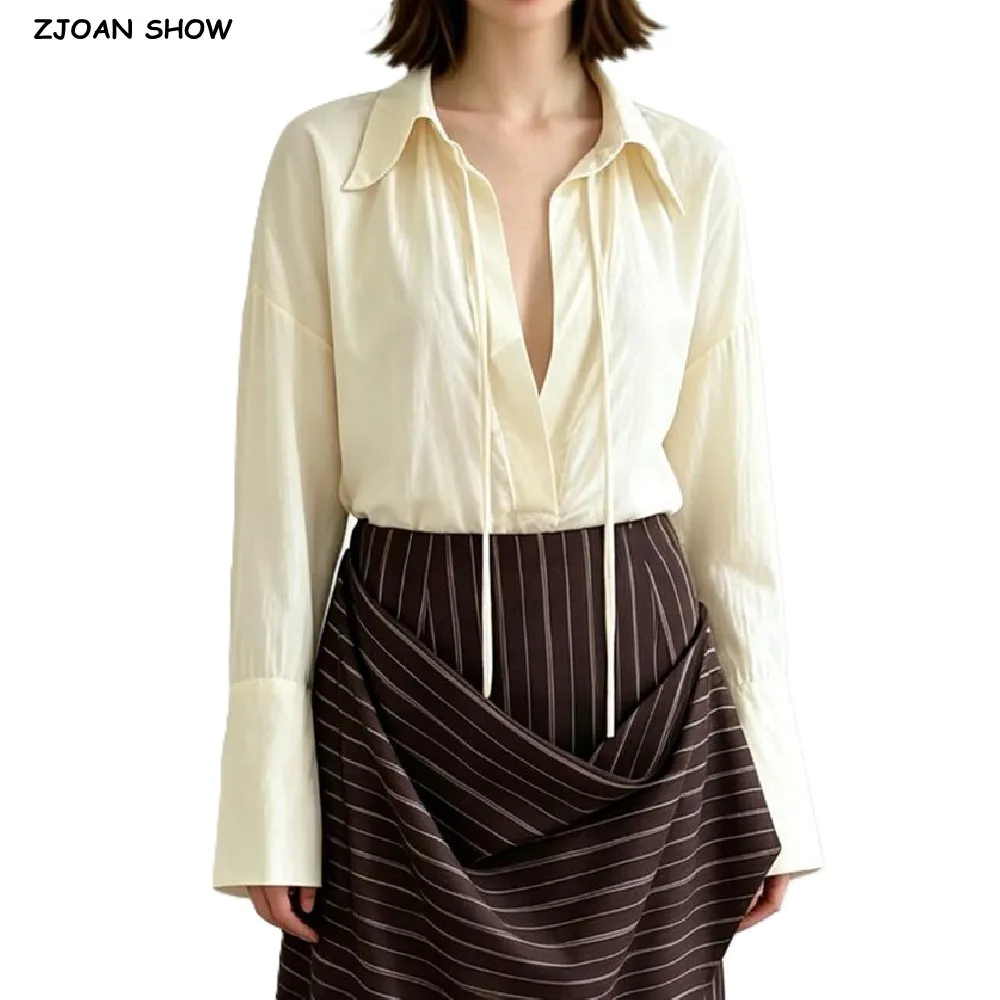 Autumn CHIC Women Lapel Lacing Up Bow Deep V Collar Semi Sheer Pullover Shirt Long Sleeve Loose Blouses Oversized Tops Beige