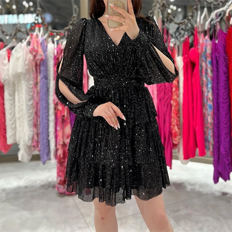 Sexy V Neck Long Sleeve Hollow Out Mini Dress Sparkling Sequins Autumn Ladies Dress Fashion Ladies High Waist Pleated Cake Dress