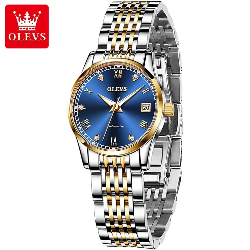 OLEVS New Fashion Classic Blue Automatic Mechanical Watch for Women Stainless Steel Waterproof Luminous Calendar Women Watch