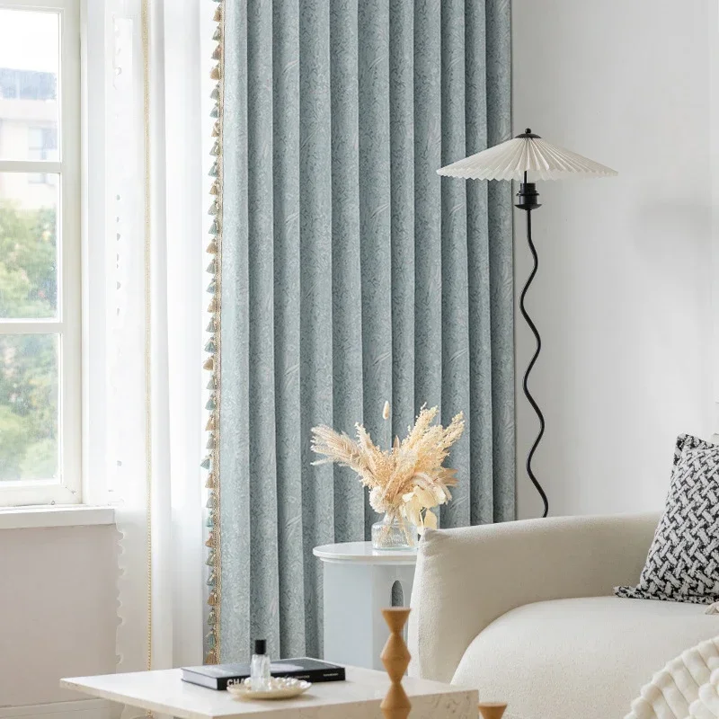 

French Relief Precision Lace Blue Luxury Curtains for Living Room Bedroom Dining Blackout Thicken Elegant European White Tulle