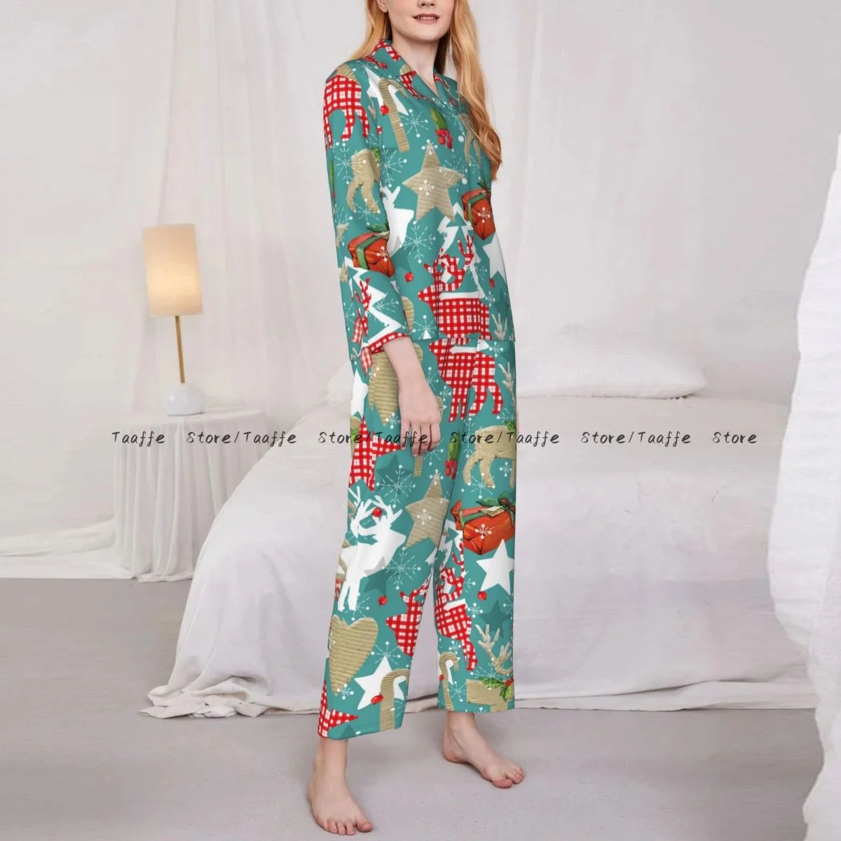 Christmas Reindeer Forest Collage Vintage Womens Pajamas Loungewear Two-piece Sleepwear Button-Down Full Sleeve Long Pajamas Set