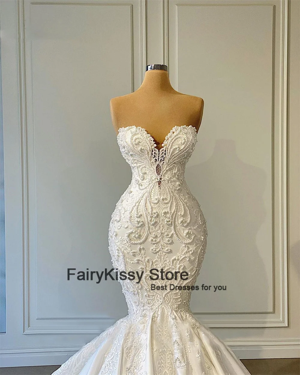 FairyKissy Retro Lace Mermaid Wedding Dresses Sexy Sweetheart Beaded Bridal Gowns Satin Sweep Train Wedding Vestidos Custom Made