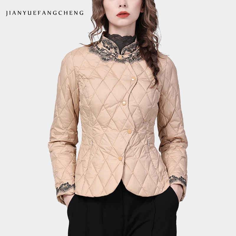 Newest 2022 Winter New Women\' Light Pink Down Jacket Lightweight Warm Slim Short Embroidered Lace Short Coat Stand-Up Jackets