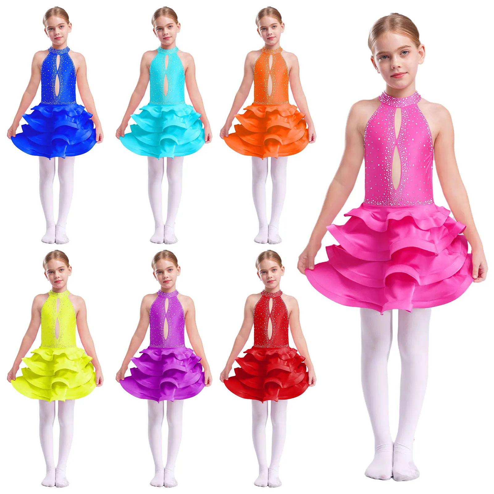 เด็กหญิงเต้นรําละติน Cha-cha Tango Samba Salsa เครื่องแต่งกายแขนกุด Rhinestones เงาตาข่ายฉัตร Leotard Tutu ชุด