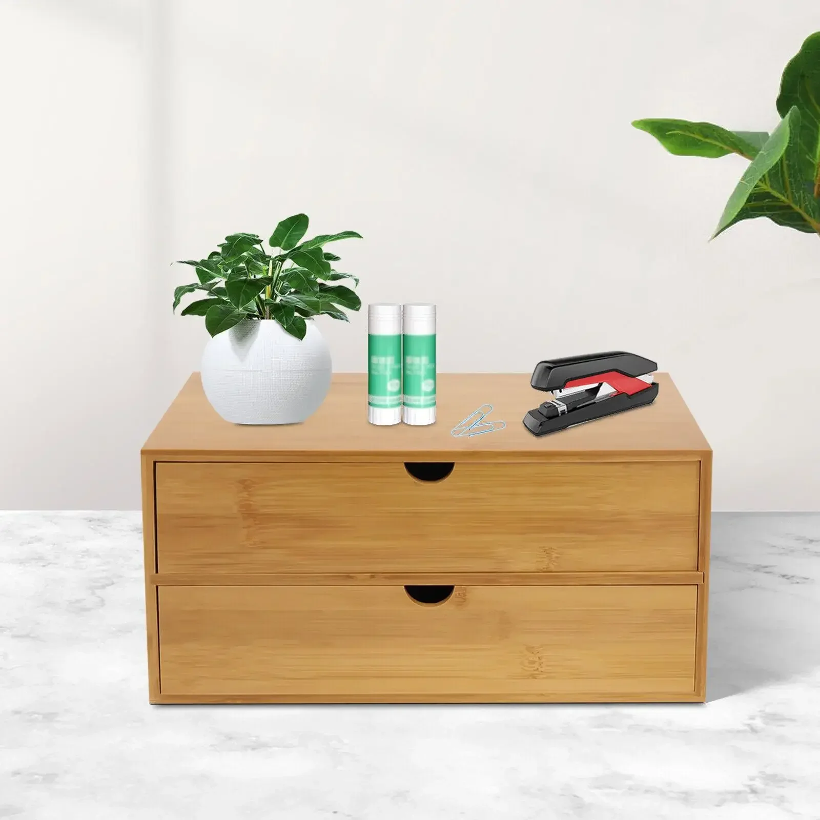 

Mini Bamboo Organizer for Desk Tabletop Storage Organization Box with 2 Drawers Minimalistic Design 33*19*16cm