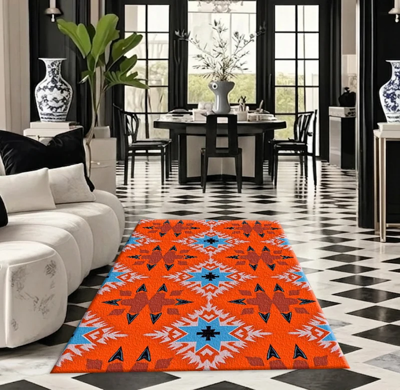 Bright Orange Southwest Ethnic Geometric Pattern Carpet Floor Tile, Indigenous Tribal Seamless Printed Square Carpet, Suitable for Home Decoration