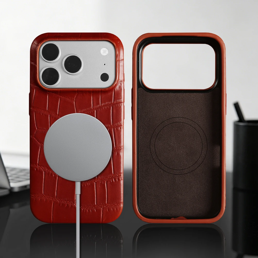 Magnetic Case For iPhone 16 15 17 Pro Max Air 17e 16e 14 Plus 13 12 Mini 11Pro Genuine Leather Back Cover For Magsafe Phone Case