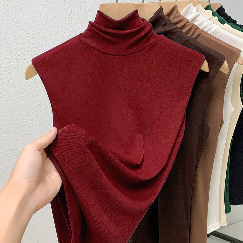 Elastic Mesh High Neck T-shirt New Women\'s Solid Color Plus Size Sleeveless Basic Top