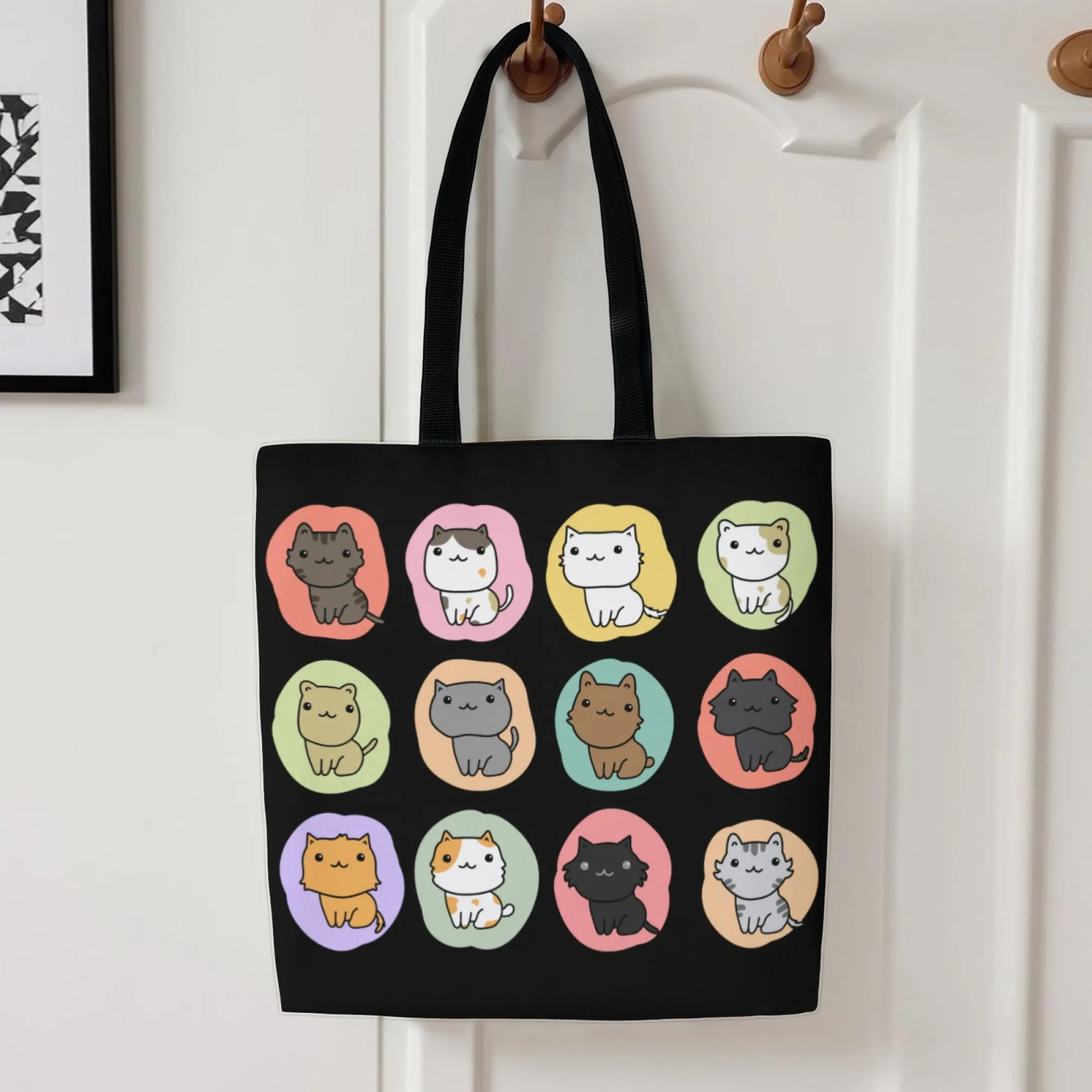 Bolsa tote de lona de gato kawaii coreano, estampa de gato preto para mulheres, bolsa reutilizável de moda, perfeita para viagens diárias estéticas fofas