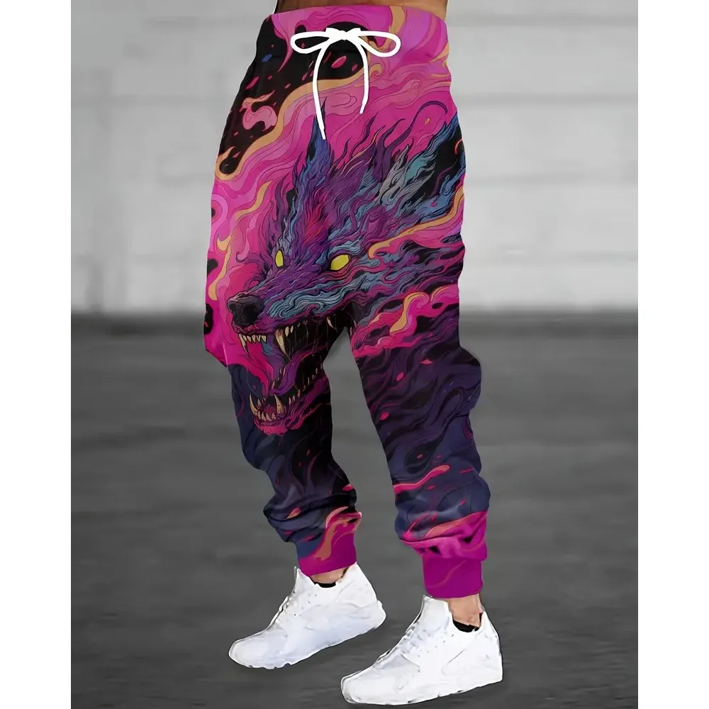 

2026 new men's casual pants 3D Cool Eagle portrait printed jogging pants 100% polyester light elastic rope pocket sports pants