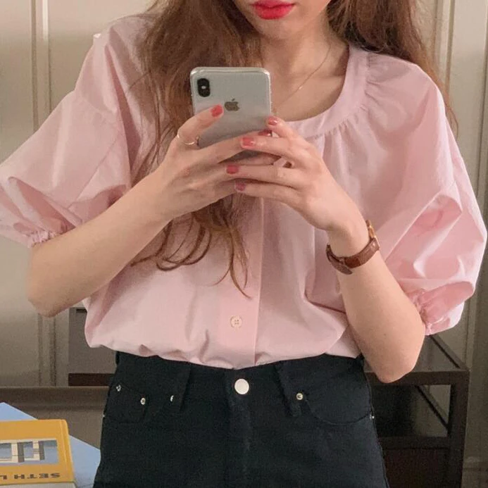 

Pink Bubble Sleeve Short Sleeve Shirt Women Summer Thin High-End Elegant Beautiful Sweet Top Pure Color round Neck Button Clo...