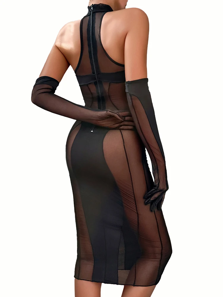 

Seductive Sexy Dames Erotic Ruffles Mesh Long Dress with Long Gloves Cut out Bra Tulle Baby Doll for Ladies Sissy Fashion