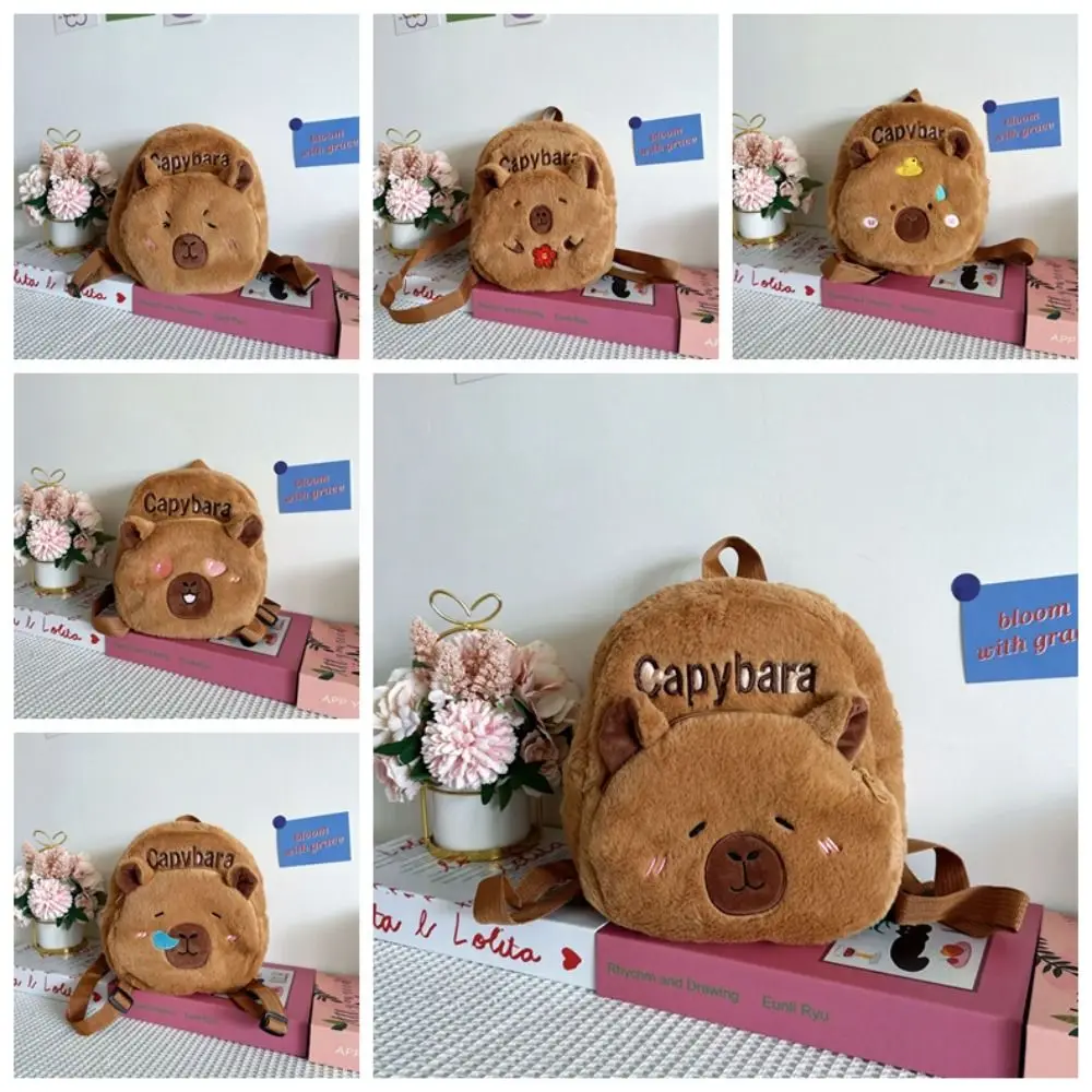 Thickened Capybara Plush Backpack Embroidered PP Cotton Cartoon Animal Daypack Lightweight Furry Large Capacity School Bag Boys
