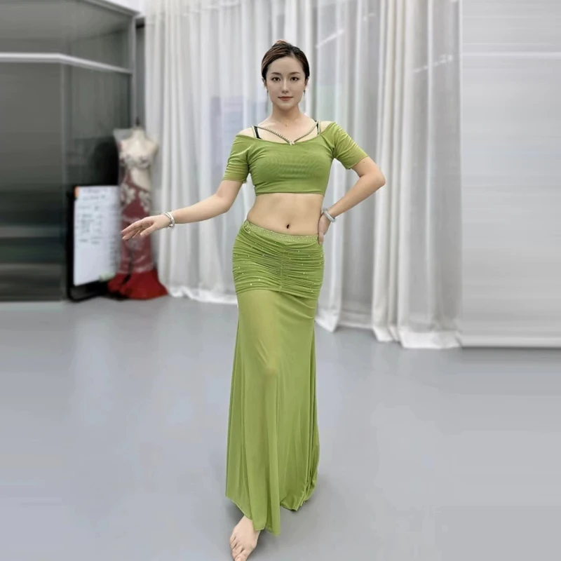 2024 Belly Dance Practice Set Short Sleeve Top+Sexy Long Skirt 2pcs Women's Oriental Dance Professional Training Costume