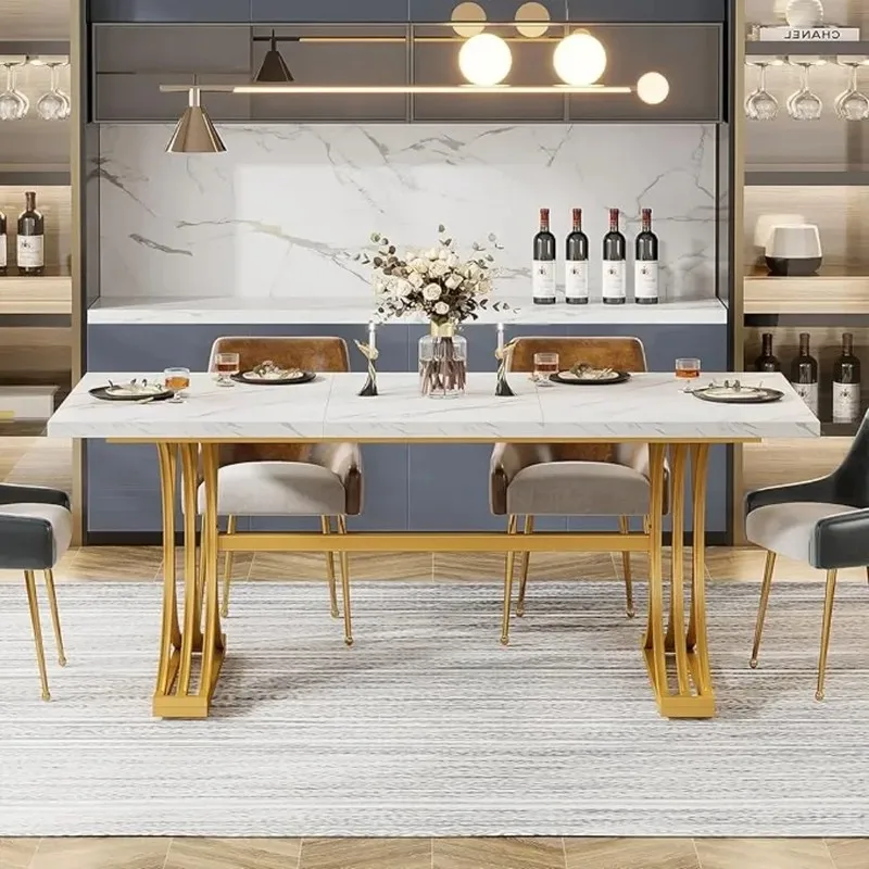 

63-Inch Rectangular Dining Table for 4 to 6, Kitchen Table with Modern Faux Marble Table Top