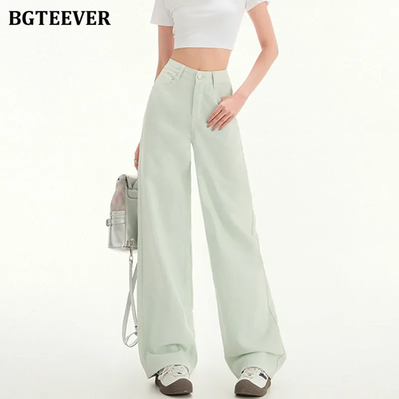 

BGTEEVER Stylish Loose Green Denim Trousers for Women Casual Pockets Women Wide Leg Jeans Pants