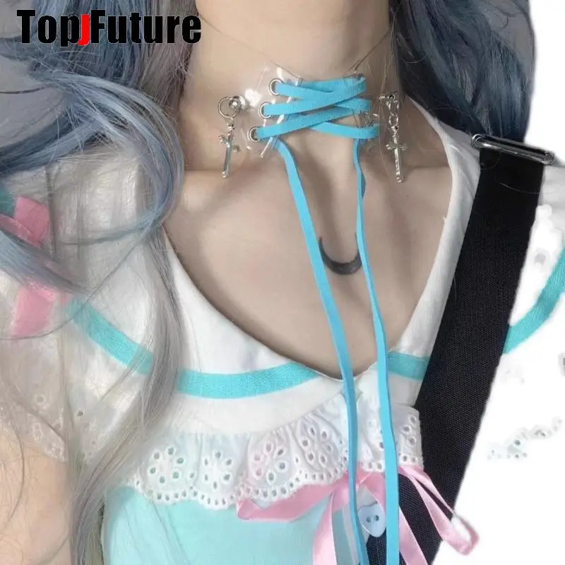 Women Y2K Girl wing punk Harajuku Gothic Lolita lace up cross short necklace Halloween cosplay props subculture Chokers Choker