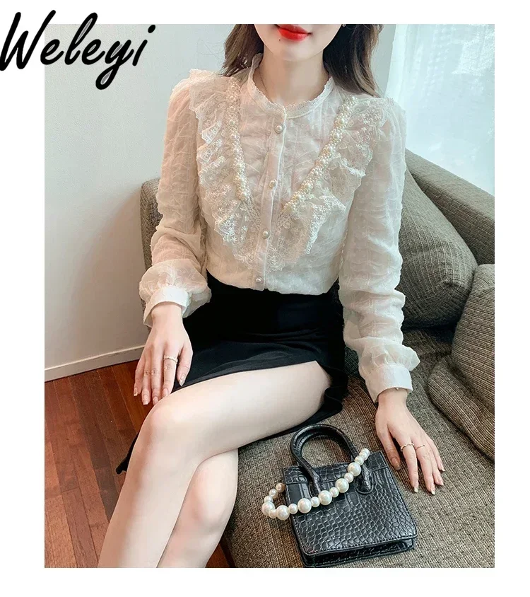 Sweet Ropa Mujer French Retro Poleras Tops Autumn Cute Versatile Niche Beaded Lace Stand Up Collar Long Sleeved Camisas E Blusas