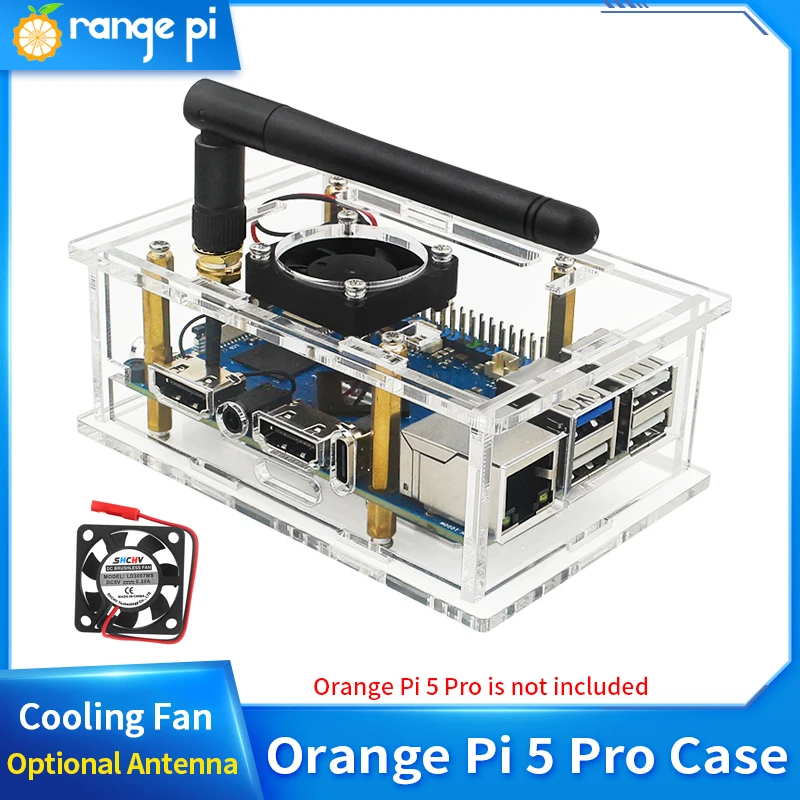 Orange Pi 5 Pro Acrylic Case Transparent Shell Protective Box Optional Cooling Fan Antenna Active Cooling for Orange Pi 5 Pro