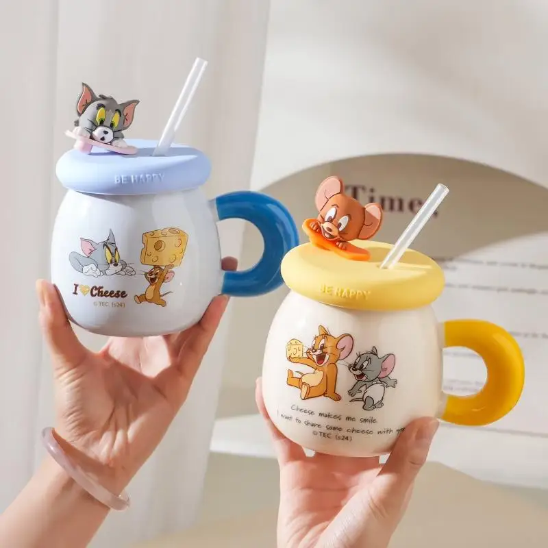 500Ml Anime Tom and Jerry Ceramic Mug with Lid Milk Coffee Cup Couple Water Cup Children Birthday Gift Christmas Gift For Girls