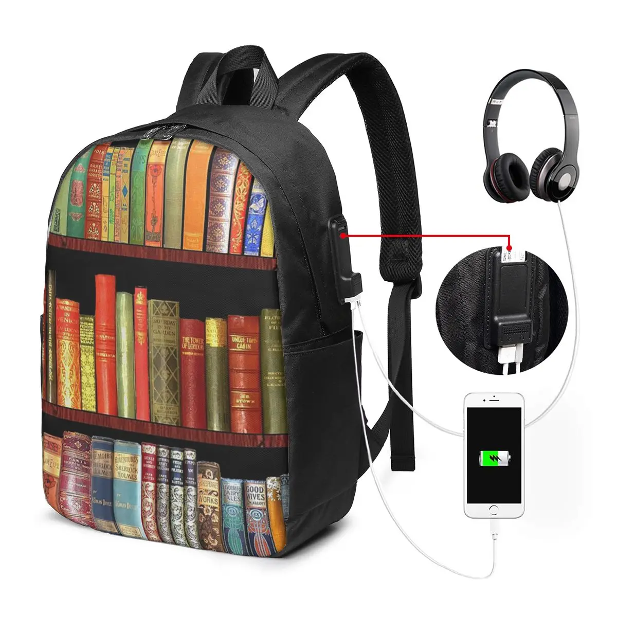 Colorful Bookshelf And Flower Backpack Travel Notebook Bag Computer College Student School Bag Laptop Shoulder Bags Men Women