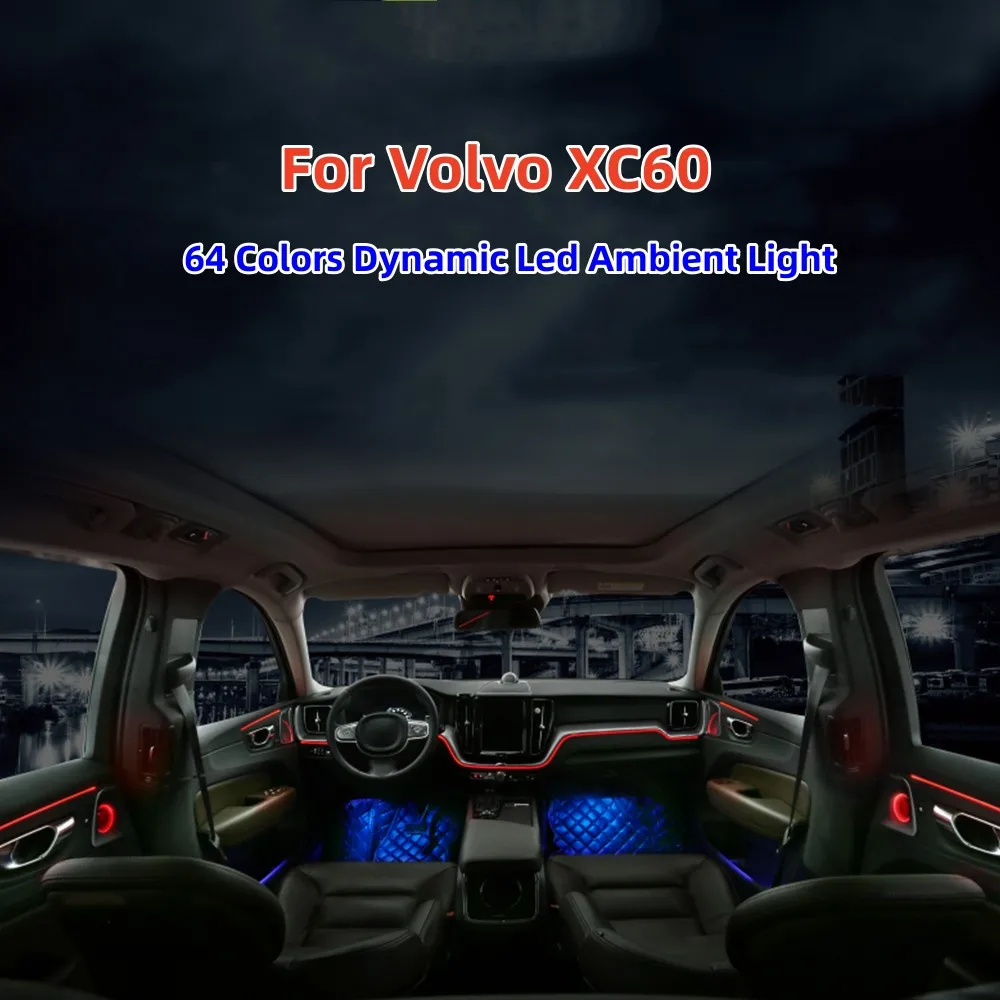 

For Volvo XC60 2018-2021 Center Console Dynamic Led Ambient Lights 64 Colors Partition&Synchronous discoloratio Atmosphere Light