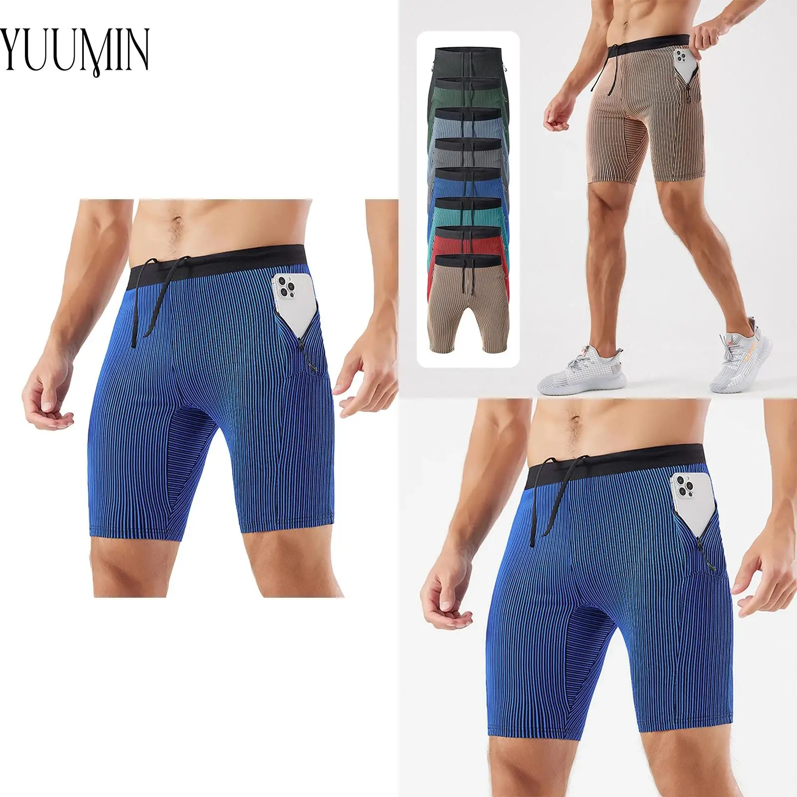 

Men Stripe Moisture-Wicking Workout Shorts Stretchy Zipper Pockets Athletic Shorts with Built-in Briefs for Gym Fitness Cycling