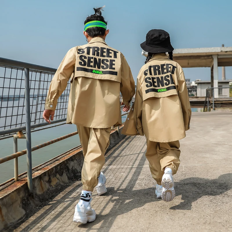 Boys Khaki Suit Loose Long SLeeves Street Dancing Shirt Pants Girls Jazz Performance Clothes Children Hip Hop Costume