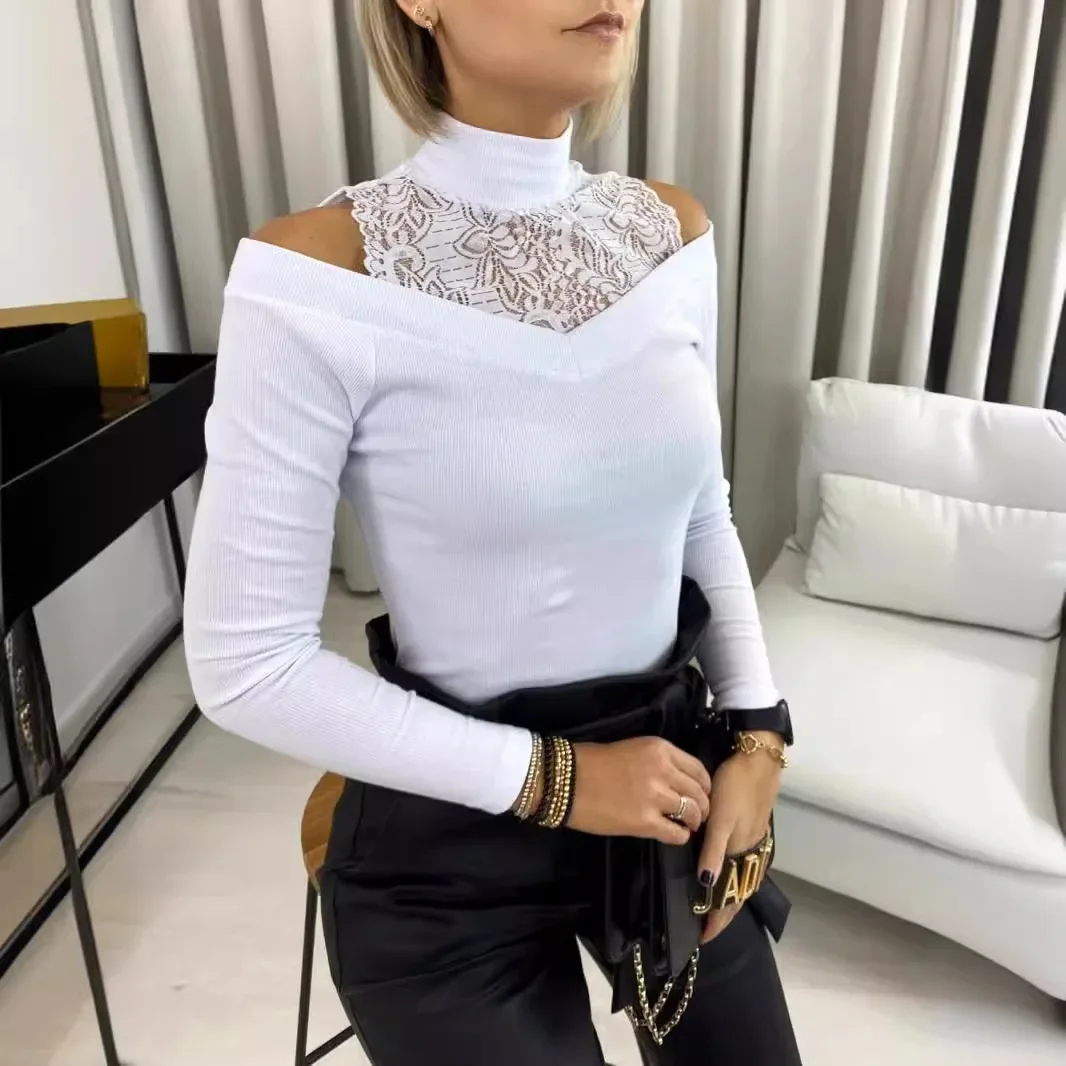 Women\'s clothing casual commuting shirt autumn and winter new item solid color lace patchwork off shoulder long sleeved top