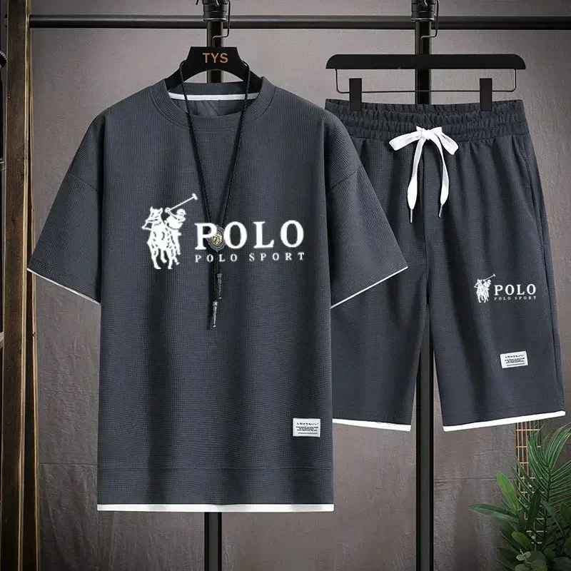 Men's two-piece short-sleeve T-shirt and athletic shorts, summer fashion breathable casual waffle knit set