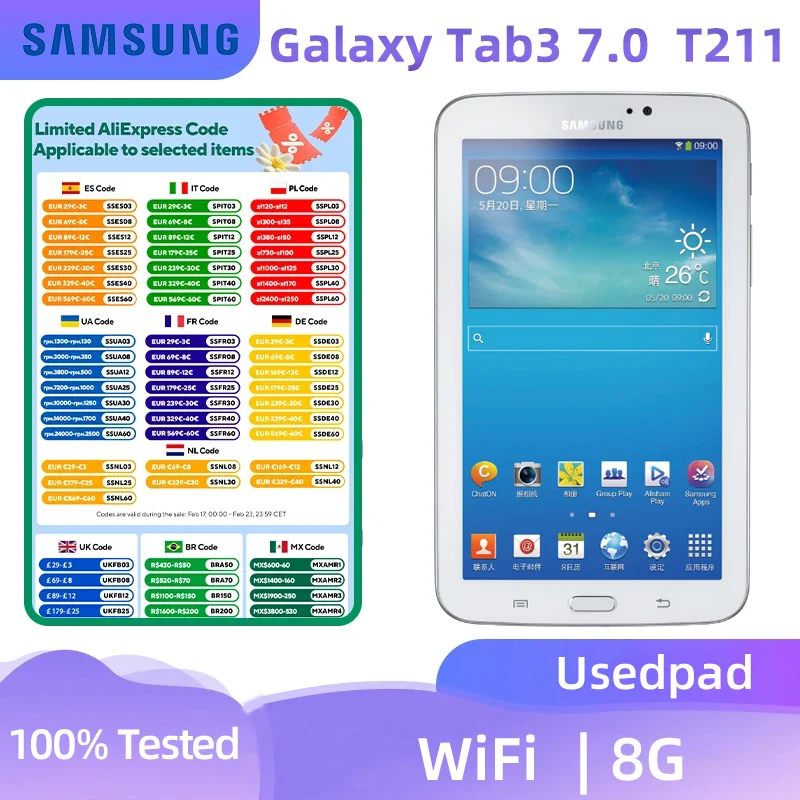 Samsung Galaxy Tab 3 7.0（T211）LTE 7.0inch TFT  1024x600  4000mAh 3MP Camera Android  used pad