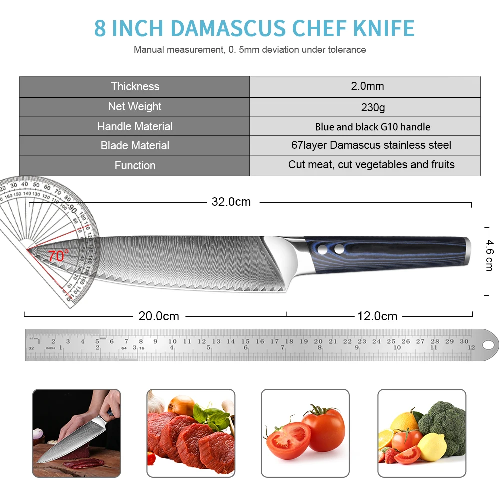 Japanese VG10 Damascus Steel Chef Knife - Super Sharp Professional Kitchen Knife for Slicing Cutting Meat Vegetables Fish & Sash