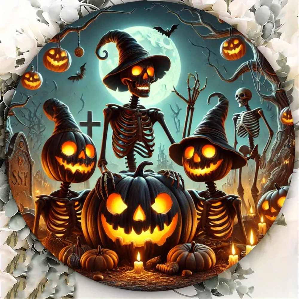 لافتة معدنية فزاعة رعب الهالوين ثنائية الأبعاد، فن معلق من القصدير الدائري المطبوع المسطح، ديكور جداري مقاس 8 بوصات