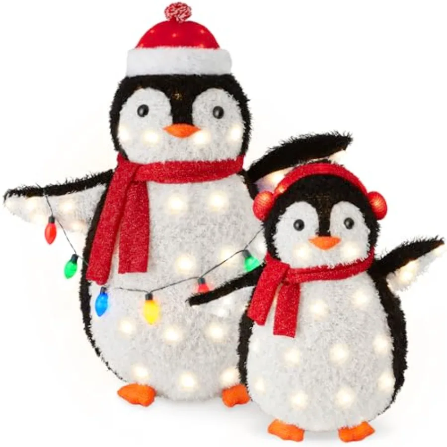 Outdoor Christmas Decoration: Lighted Penguin Family, PVC And Metal, White And Multicolor, Weather-Resistant With 150 LED Light