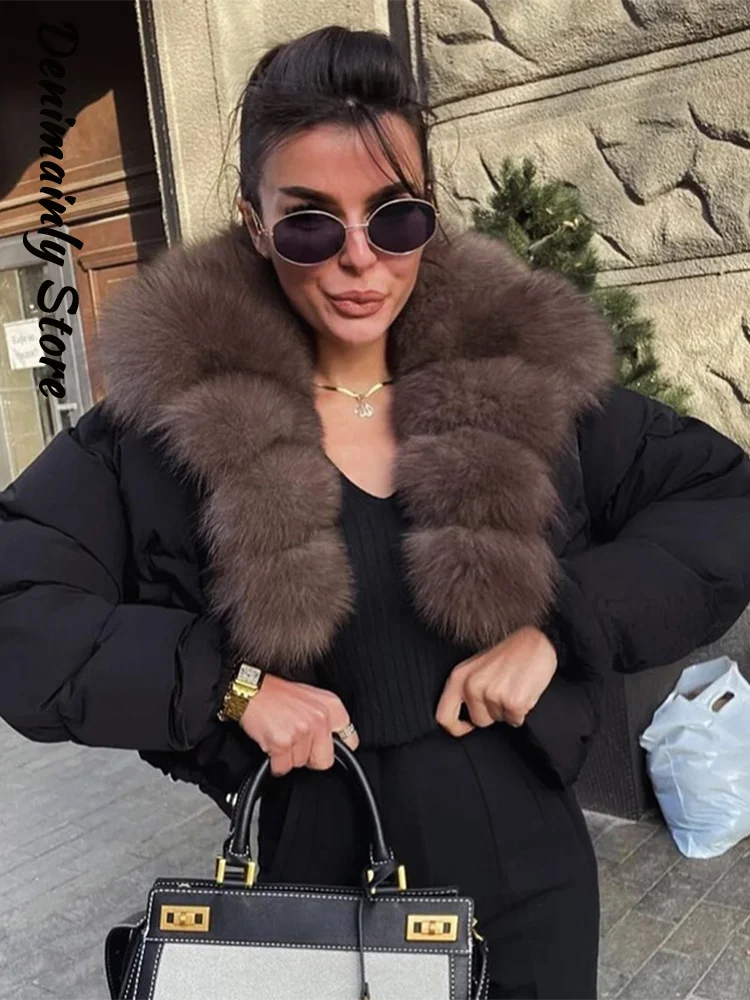 

Fashion Faux Fur Patchwork Cotton Coat Women Lapel One Button Pocket Cropped Street Warm Jacket 2025 Winter Lady Puffer Jackets
