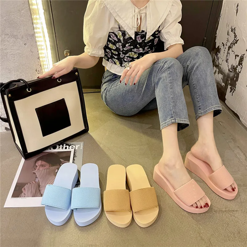 COOTELILI 2022 New Fashion Slippers Women Shoe Platform Round Toe Summer Women Slippers Blue Pink Yellow 5cm Heel 35-40