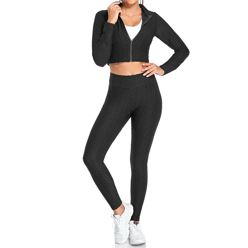 2Pcs Women Tracksuit Set Fitness Lattice Long Sleeve Zipper Leaky Navel Crop Top High Waist Legging Tracksuit Workout Activewear