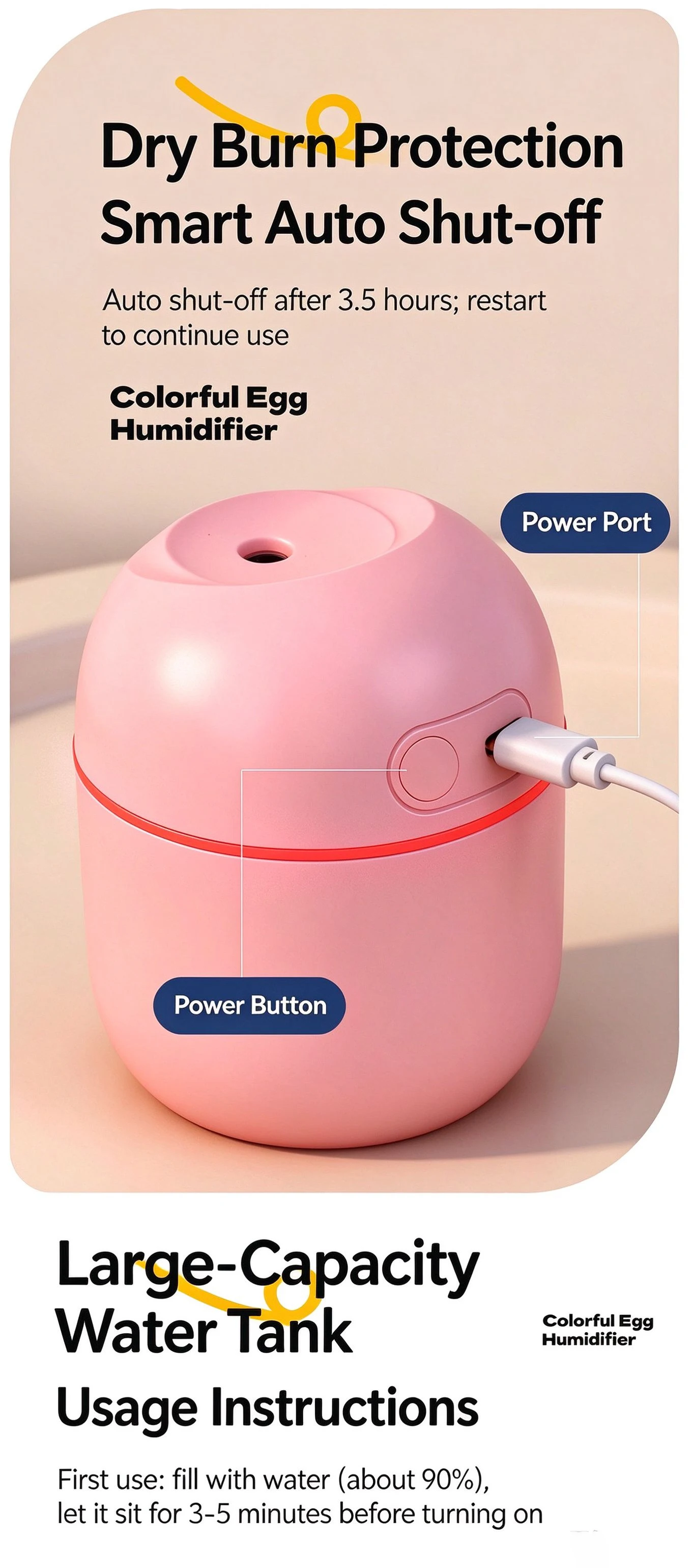 Mini-Luftbefeuchter, tragbarer USB-Luftbefeuchter mit kühlem Nebel und Nachtlicht, 220 ml, ultra-leiser Aroma-Diffusor für Schlafzimmer, Zuhause und Büro. – Detail 6