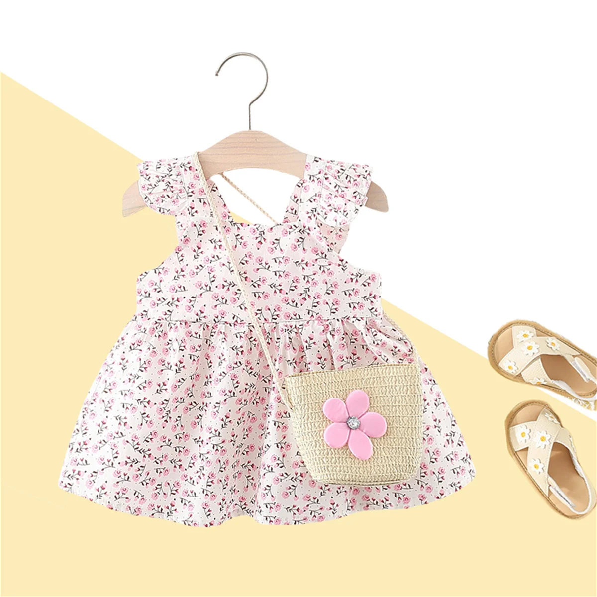 2 Piece Summer Baby Beautiful Dress And Woven Bag Girl Fragmented Flower Strap Loose Countryside Casual Dress