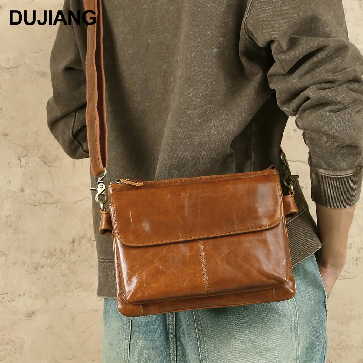 High-end men's shoulder bag made of genuine leather, horizontal square flap, lightweight travel and business crossbody bag