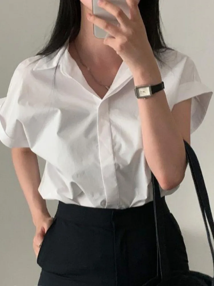 Short Sleeve Simple Women Blouses 2024 Camisas De Mujer Solid Color Summer Oversized Shirts Fashion Korean Vintage Blouse Tops