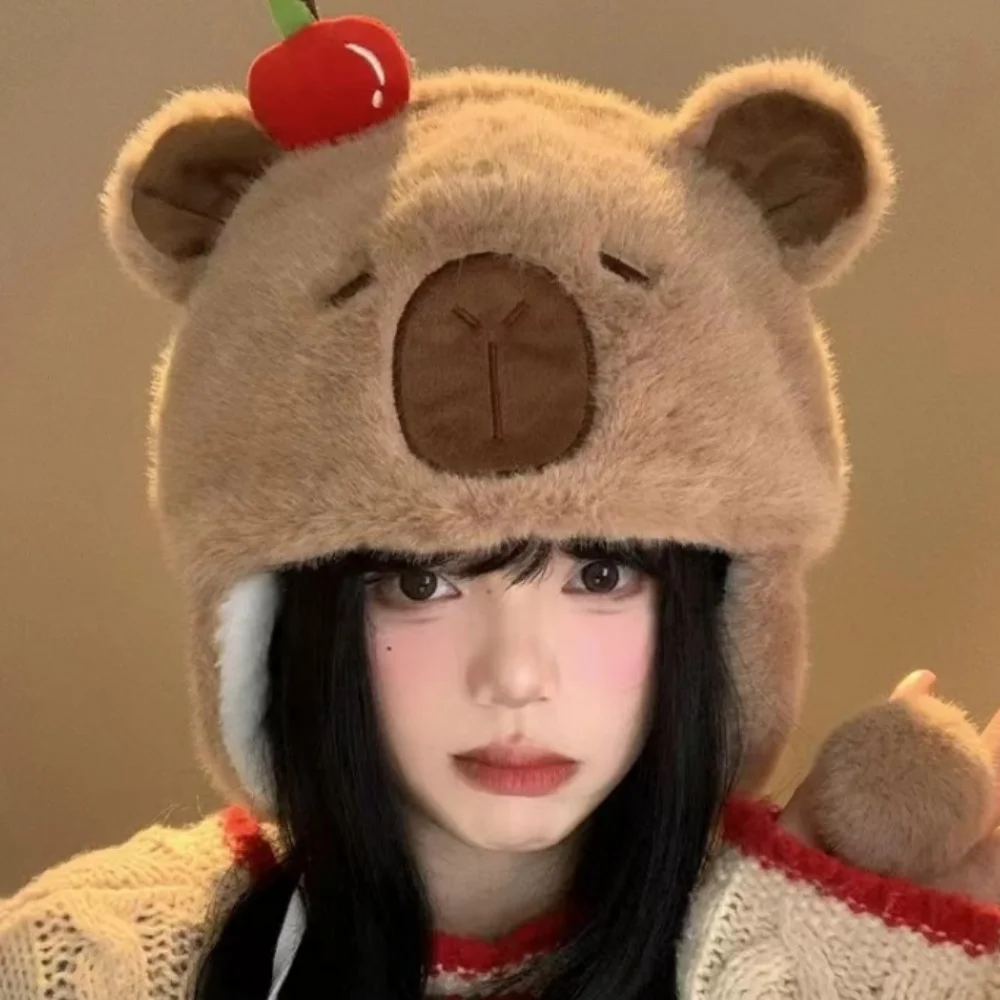 Capybara Plush Hat Cute Ear Hood Cartoon Pullover Hat Autumn Ley Feng Cap For Christmas Gift Cycling Winter Fashion