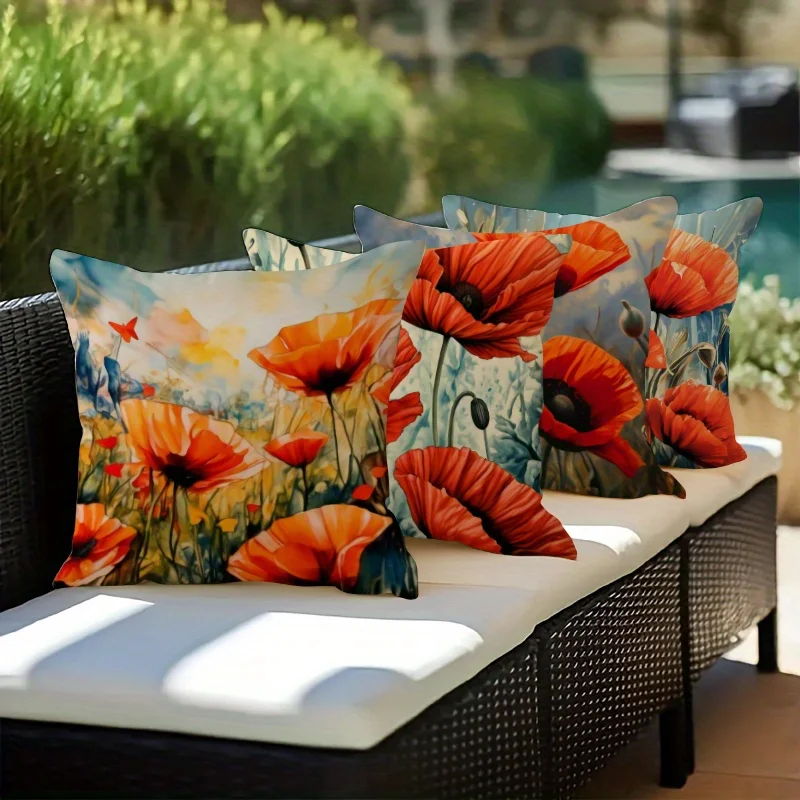 2D Flat Red Poppy Flower Pillow Covers, 4pcs Set, Double Sided Print, Floral Art Decor Cases for Sofa Home Decor
